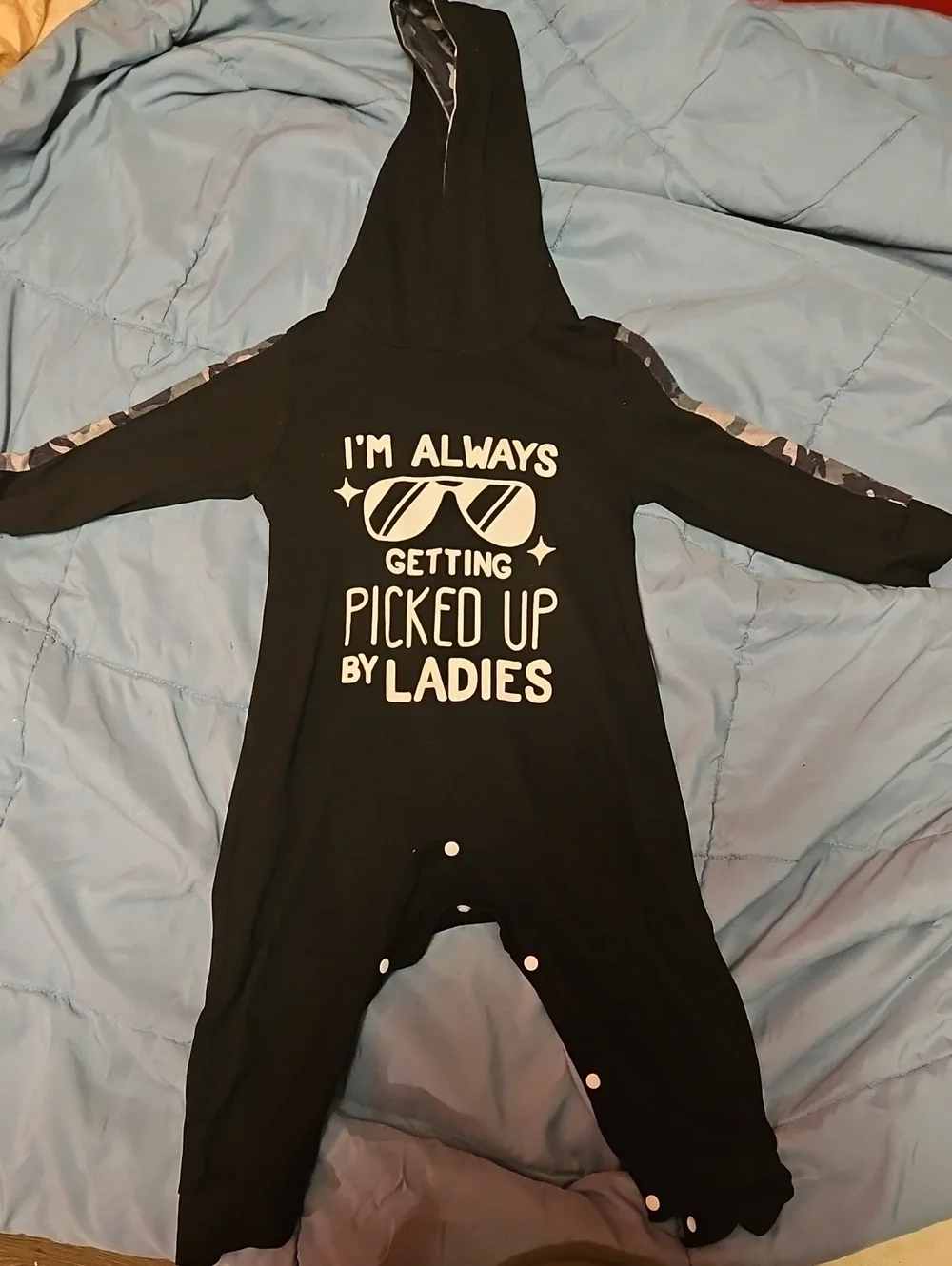 Black Hooded One-Piece Romper with Slogan